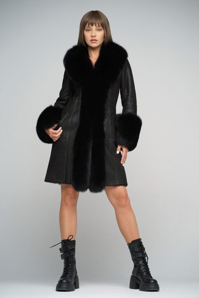 Sheepskin and polar fox fur coat for women 2038 black 1