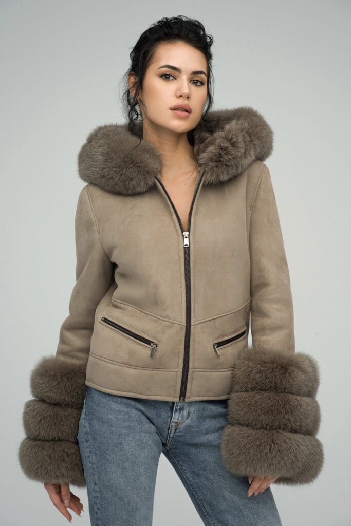 Sheepskin and polar fox fur jacket 2047 taupe 1